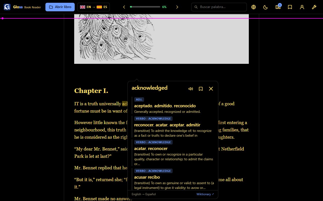 Glosa: el lector de libros para leer en otro idioma con diccionario integrado